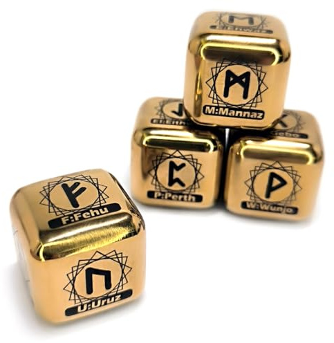 4-teiliges Edelstahl-Sternzeichen-Runen-Würfel-Set, 24 geschnitzte Elder Furthark, Alphabet, Wikinger-Rune, Edelstahl-Sternzeichen-Würfel für Wahrsagungsspiel (Gold (4 Stück/Set))