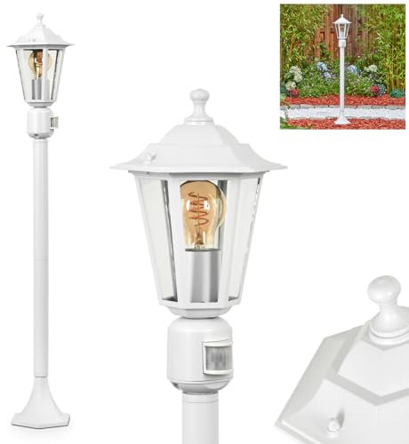 HOFSTEIN Luminaire d'extérieur Loria, Lampe sur Pied avec Détecteur de Mouvement en Métal/Verre Blanc/Transparent, Lampe d'Extérieur au Look Antique, Hauteur 107 cm, Éclairage de Jardin IP44, 1 x E27