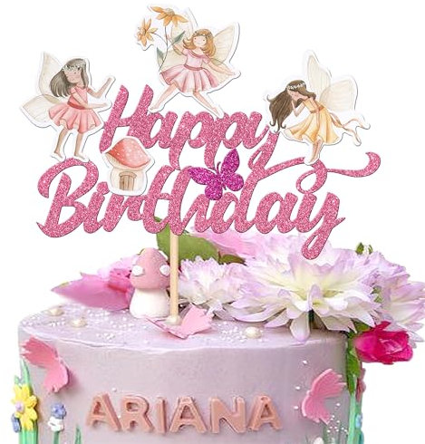 SYKYCTCY 1 Pack Fairy Cake Topper Glitter Flower Fairy Happy Birthday Cake Pick for Baby Shower Kids Girls Birthday Party Cake Decorations Supplies