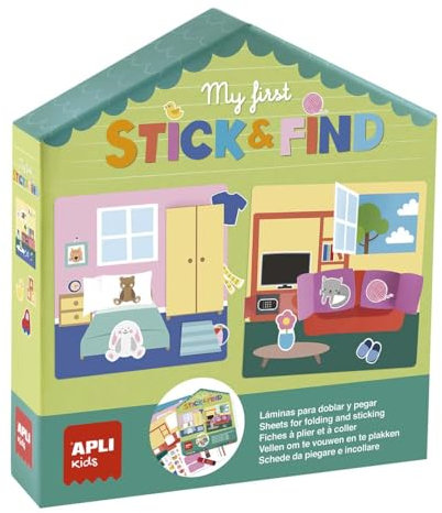 APLI Kids 19712 My First Stick & find, DIY-Set zum Thema Haus, um die illustrierten Folien des Hauses mit Aufklebern und vorgeschnittenen Kartons zu vervollständigen.
