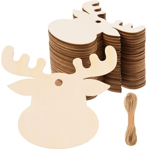 48 Pcs Wooden Christmas Deer Head Ornaments Unfinished Wood Reindeer Head Cutouts with Hole Blank Wooden Christmas Elk Ornament with Twine for DIY Craft Present Tag Holiday Xmas Tree Decor