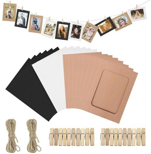 Expositor de fotos colgante con clips, 2 guirnaldas de cuentas de madera boho con 20 marcos de fotos y 20 clips de madera. Colgador de fotos de 3 colores para el hogar, la escuela, soporte de arte o