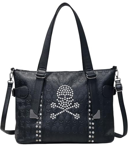 Chikencall Frauen Totenkopf Tote Handtasche Punk Nieten Umhängetasche PU Leder Crossbody Tasche Shopper Schwarz Geldbörse