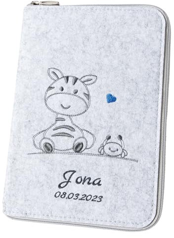 U-Heft Hülle 'Giraffe & Krabbe' DIN A5 personalisierbar mit Namen aus Filz (Farbe & Stickerei wählbar) - Hülle für Kinderuntersuchungsheft & Impfpass - Organizer - Geschenk für werdende Mütter & Baby