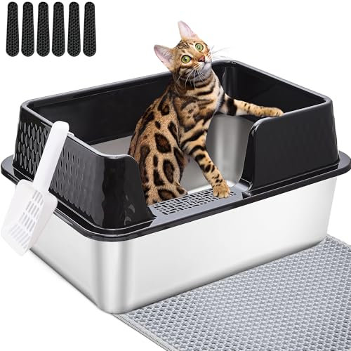 Vealind Caja de arena de acero inoxidable para gatos, bandeja de arena de metal resistente, bandeja de arena para gatos de cara alta con borde desmontable, resistente, duradera, bandeja grande para