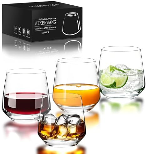 WIKERWANG Stemless Wine Glasses Set of 4,Red Wine Glasses,White Wine Glasses, Wine Glasses for Daily Use,Hosting, Home Bar, Evening Party, Birthdays,Shower,Housewarming Gift,13.5oz Clear