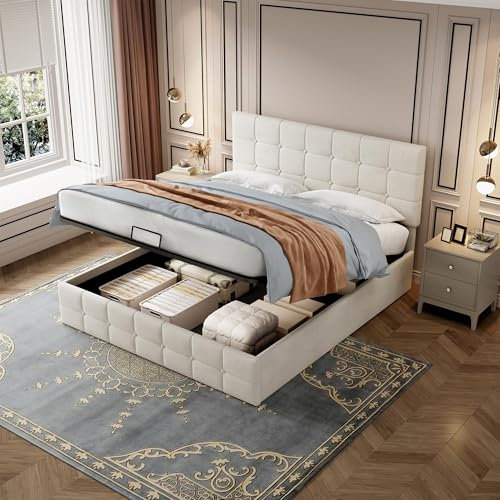 BTM 4FT6 Double Bed 135x190cm, Upholstered Double Bed Frame with Storage, Adjustable Headboard, Beige Velvet Double Frame (No Mattress)