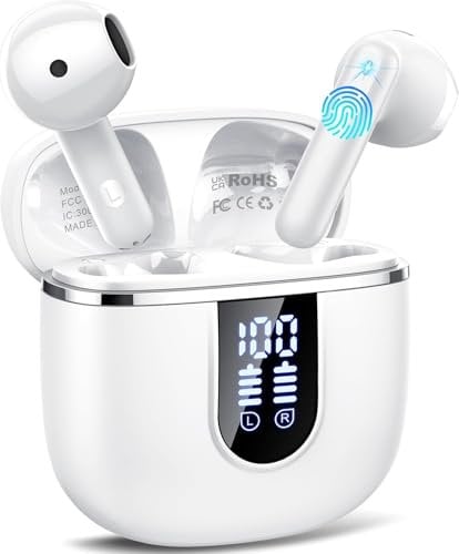 Wireless Earbuds, Bluetooth 5.4 Headphones in Ear with 4 ENC Noise Cancelling Mic, Wireless Earphones with HiFi Stereo Deep Bass, IP7 Waterproof Bluetooth Ear Buds 40H Playtime Mini USB-C LED White