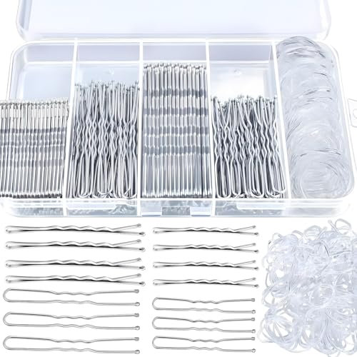 500 Stück Haarnadeln Klein Bobby Pins Set Haarklammern U-förmige Haarnadeln 2inch 2.36inch, Hair Pins 2inch 2.75inch, Durchsichtige Haargummi mit Aufbewahrungsbox für Frauen Mädchen(Silber)