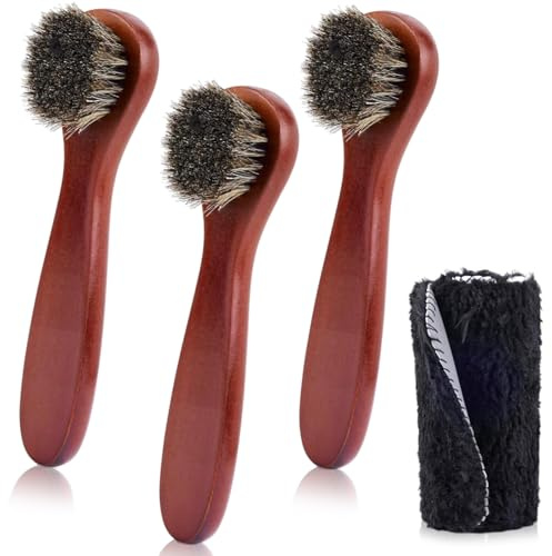 Horsehair Shoe Brush, 3 PCS Soft Shoe Polish Brushes with Buffing Cloth Shoe Cleaning Brushes for Leather Boots Car Seats Sofas Bags