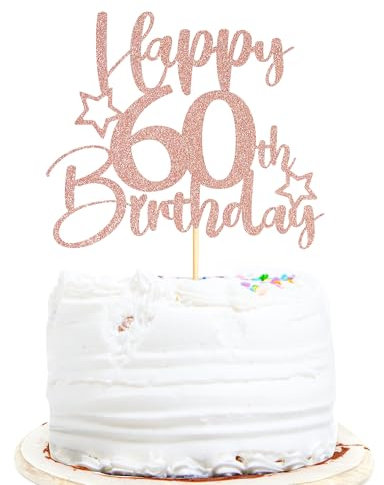 Sotpot 1PC 60th Birthday Cake Topper Double-sided Rose Gold Glitter Cake Topper with Star Pattern Cake Decoration for Happy 60th Birthday Party Decorations Supplies
