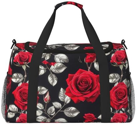 Red Rose Garden Borsone da viaggio con cerniere e manici, grande borsone pieghevole per vacanze in famiglia, Nero , Taglia unica