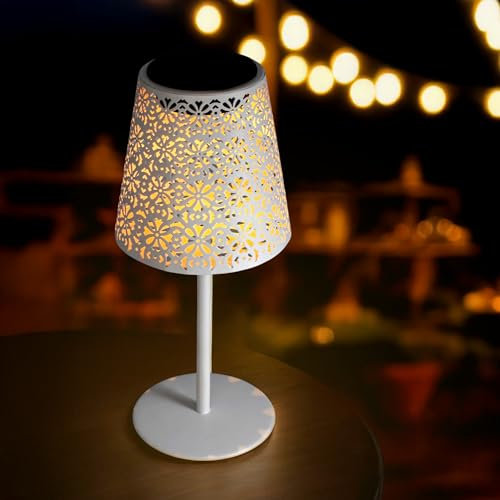 Solar Retro Tischleuchte aus Metall in weiß - 28 x 12 cm - Vintage Garten Tischlampe warm weiß - Dekoleuchte Solarleuchte Stimmungslicht Gartenleuchte Balkon Terrasse Deko Beleuchtung für Außen