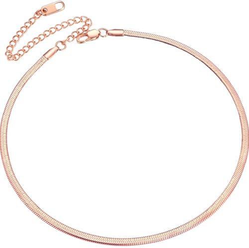 ChainsPro Collana da donna piatta a serpente 3 mm/5 mm di larghezza, in acciaio inox, collana semplice girocollo da ragazza, argento/nero/oro/oro rosa, 46cm, Acciaio inossidabile
