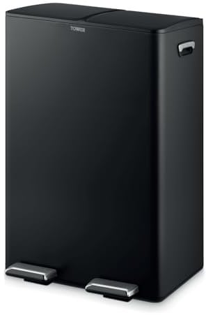 Tower T838023BLK Recycling Pedal Bin, Two 30L Compartments with Removable Inner Buckets, Carbon Steel Body, 60L, Black