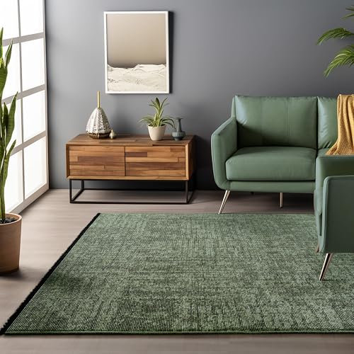 HomebyHome Baumwolle Chenille Teppich Grün 200x290 cm Waschbar, Boho-Stil, Vintage Kelim, Kurzflor, rutschfest & Weich, Einfarbig Meliert, Für Wohnzimmer, Schlafzimmer, Büro & Küche