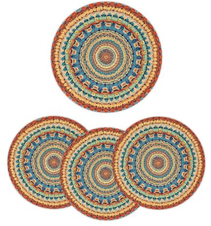 Mexpekil Bunte Mandala-Platzsets, hitzebeständig, rund, gewebt, für Esstisch, Küche, 38 cm, 4 Stück