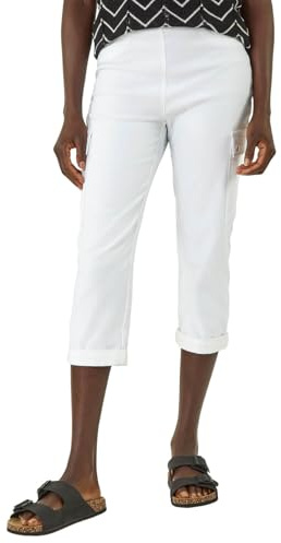 Roman Turn Up Stretch Cargo Trousers for Women UK - Ladies Spring Everyday Summer Holiday Skinny Fit Soft Utility Pull On Comfy Pocket Detail Pants Slim Bottoms - White - Size 18