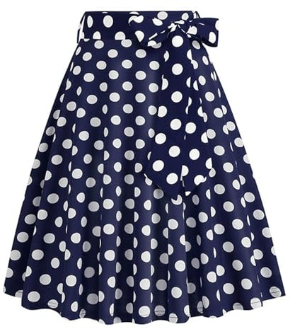 2025 - Jupe de bandage pour femmes de style rétro français décontracté à la mode à pois avec ceinture peintures sur toile, bleu, S