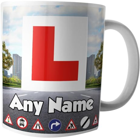 AK Giftshop Personalised Learner Driver Ceramic Mug, L-Plate Design, Road Signs 320ml, 17th Birthday Gift