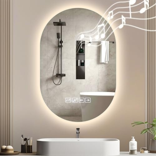 Hondony Miroir de Salle de Bain avec Lumières LED 75x50cm, Miroir Intelligent avec Antibuée, Mémoire et Dimmer, Bluetooth pour Musique, Bouton Indépendant, Installation Horizontale ou Verticale