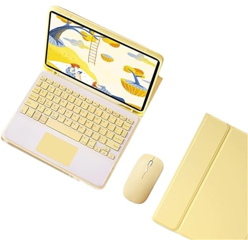 kuaijiexiaopu PU+TPU-Leder-Standhülle mit Stiftschlitz, abnehmbare Touchpad-Tastaturabdeckung, kompatibel mit iPad 10. Generation 10,9 Zoll 2022(Yellow+Keyboard+Mouse)
