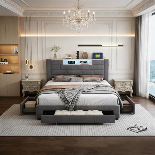 BRYXR Polsterbett 160x200, Doppelbett mit 3 Schubladen und LED-Beleuchtung, Funktionales Bett mit bequemem Kopfteil, Jugendbett mit stauraum und USB, Grau Samt, Ohne Matratze