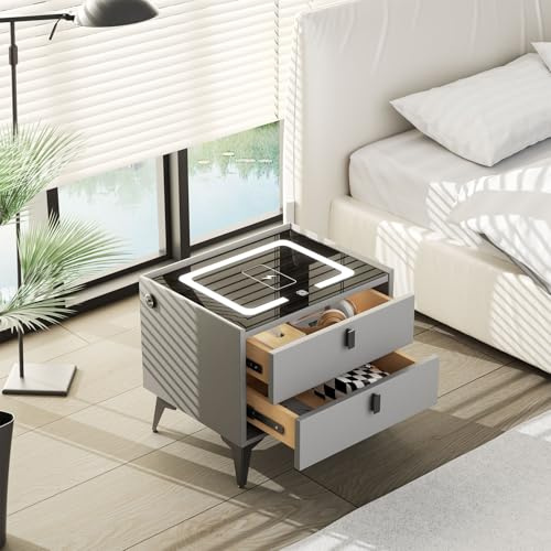 Oyajia Grey Smart Bedside Table with Wireless Charging, Nightstand with LED Light, 2 Drawers Nightstand, Chest of Drawers for Living Room/Bedroom, 50.00 * 52.00 * 33.00 cm
