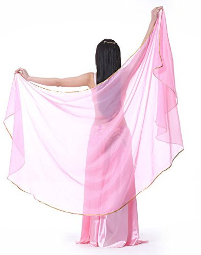 SHOWYOU Leichter halbrunder Chiffon-Handschal, Bauchtanz-Kostüm, Outfit, Hüftschal, Paillettenbesatz, Schal, Schleier, Pink, 98.43 x 47.24 inch