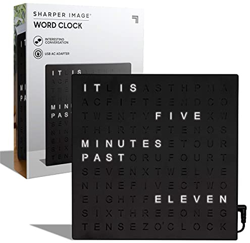 Sharper Image LED Word Digital Clock, 7.75, Black Finish, Light-Up Desk & Wall Clock, Modern Time Display, Shelf or Wall Decor for Home Office, Living Room, Kitchen & Bedroom, Housewarming Gift