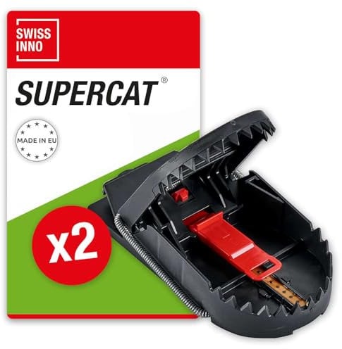 SWISSINNO Rattenfalle PRO SuperCat – 2 Fallen – Patentiertes Easy Catch System – Robuste Rattenfalle mit starker Feder – Artgerechtes Soforttöten – Vorbeködert mit Erdnussbutter