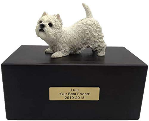 Personalized Rosewood Custom Pet Ashes Urn with Statue Customisable Engraved Nameplate for Dog and Cat Name and Date Custom Pets Box Cremation Funeral Urns for Dogs Cats,West Highland White Terrier
