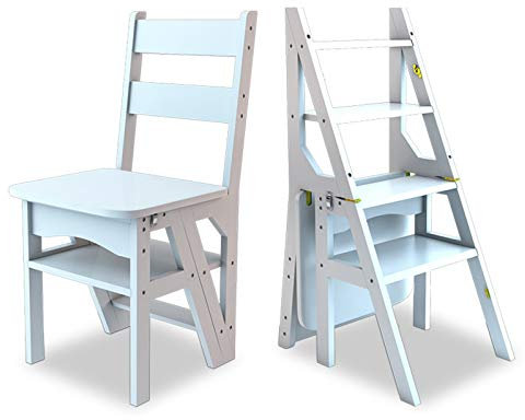 Massivholz-Klappleiter Lehrstuhl for Küche, Haushalt Faltbare Trittschemel Leiter Stuhl Tragbare Trittleiter und Stühle Kombination (Color : White)