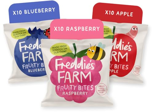 Freddie’s Farm Kids Snacks | Fruit Snacks Multipack - Raspberry, Blueberry, Apple Bites | Lunchbox Snacks For Kids | 100% Fruit & Veg | UPF Free, Recyclable Packs & Made in the UK | 30 x 20g Bags