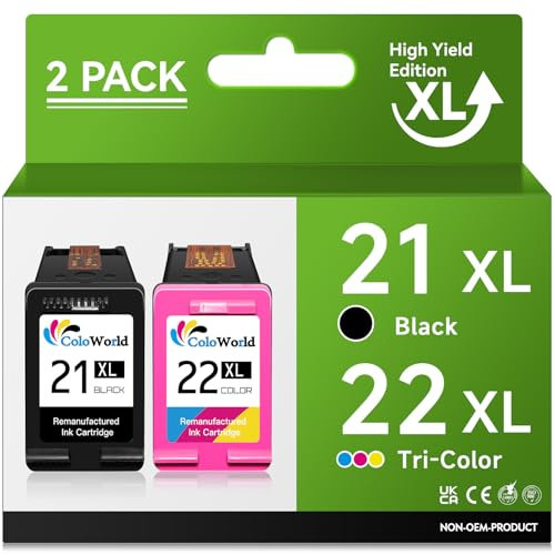 ColoWorld 21 22 XL Druckerpatronen, Wiederaufbereitet für HP 21XL 22XL Schwarz Farbe Multipack Patronen für Deskjet F2120 F2280 F380 F4180 PSC 1410 1415 für Officejet 4315 4355 Druckers