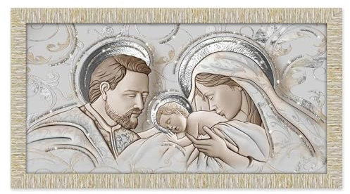Lupia - Quadro Moderno The Kiss Ceramic Mix Sacra Famiglia GIOVY, Decorazione Glitter, Cornice Legno Striata Oro, Adatto per Camera da Letto, Soggiorno e Ufficio, 60x110 cm, Stampa su Legno