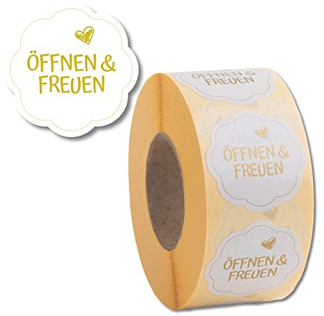 Geschenkaufkleber Öffnen und Freuen 1000 Stück d40mm - blumenförmige Etiketten auf Rolle, Weiß/Gold