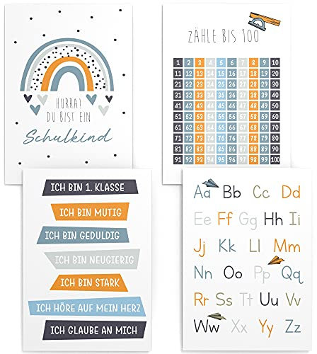 Papierschmiede® Kinderposter 4er Set Lernposter, DIN A4 (21x30 cm) Wanddeko, Geschenk für Jungen Kinderzimmer, Schulkind Alphabet ABC Zahlen, Einschulung Jungen