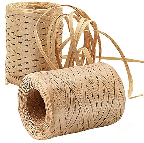 Fudian Olivier 2 Rollen 200M Raffia Natur Bast Geschenkband Für DIY Handwerk Weberei Dekoration Bastband Für Packschnur Bast Band Geschenkband Für Handwerksprojekte Bast Papierband Kunst Bastband