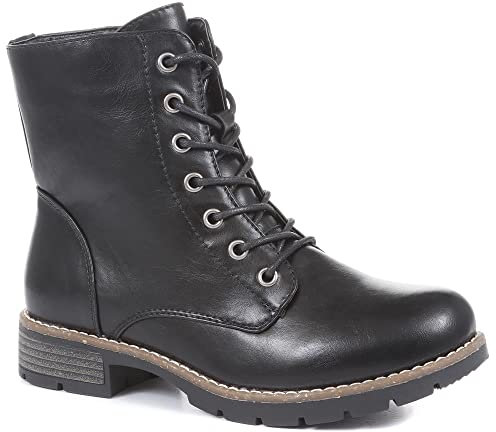 Pavers Botas para mujer, zapatos de mujer, botas de combate, botas negras para mujer, con cordones, cierre de cremallera, tacón plano, suela resistente, botas de mujer, patrón floral bohemio, Black,