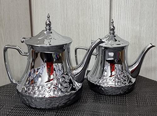Set de 2 teteras árabe realizada en Acero Inoxidable- Tetera con Filtro Integrado 1.2ml + 2L - Auténtica Tradicional Modelo Grabado con Diseño Clásico
