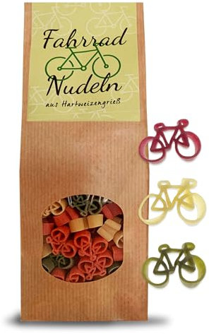 Fahrrad-Nudeln 225g – Lustige Pasta aus 100% Hartweizengrieß, Fahrradform | Nudeln in bunten Farben | Geschenk Fahrrad