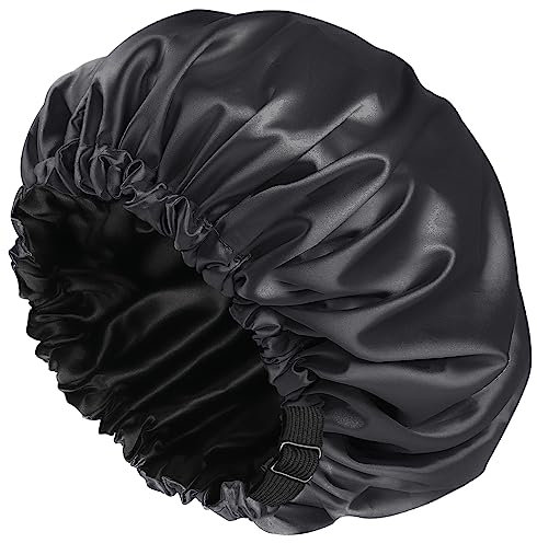 Amamba Duschhauben, mit Seide gefütterte Duschhaube für Damen, wiederverwendbar, verstellbare Größe, waschbar und wasserdicht, große Satin-Duschhaube, Schwarz