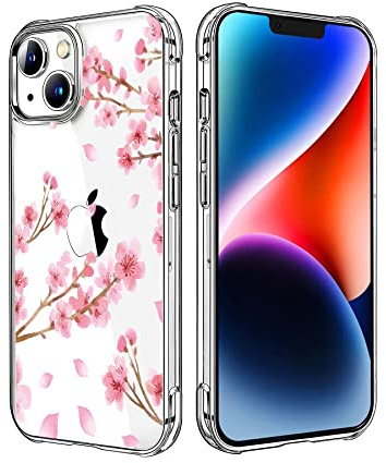 HEYORUN Cherry Blossom Case Compatible for iPhone 14, Sakura Flower Clear Back Case Cover, Transparent Soft TPU Bumper Shockproof Protective Phone Case