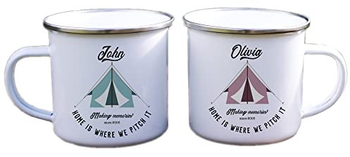 Tent Enamel Camp Mug | Personalised Camper Gift | His and Hers | Couple Travel Present | Accessories Camping | Home Is Where We Pitch It