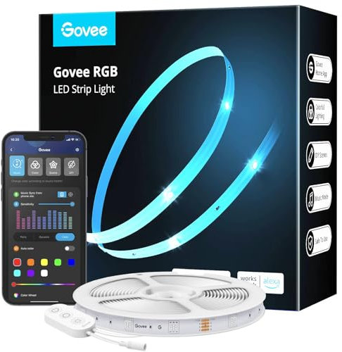 Govee Rubans LED 5M, Bandes WiFi RGB, Contrôle Intelligent par App, Fonctionne avec Alexa et Google Assistant, Synchronisation Musique, 64 Scènes, Lmières LED DIY pour Chambre, Cuisine, Fête, Salon