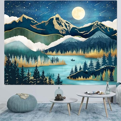 Accnicc Wandteppich, Motiv: Berg, Natur, Wald, Baum, für Schlafzimmer, Wohnheim, Wohnzimmer, Wandbehang, blaugrün, abstrakt