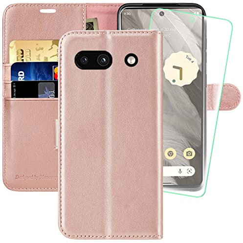 MONASAY für Schutzhülle Google Pixel 7a 5G,[Displayschutzfolie im Lieferumfang enthalten][RFID-blockierend] Flip Folio Leder Handyhülle mit Kreditkartenfach, Rosegold