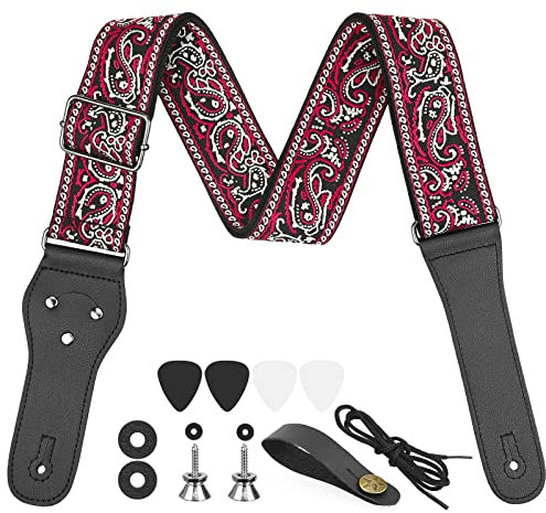 Gitarrengurt, Gitarrengurt aus Jacquardgewebe Retro Bestickter Baumwolle Gitarrengurte mit Gurtknöpfe, 2 Gurtschlössern und 4 Gitarrenplektren für Bass, Elektrik und Akustik, Erwachsene & Kinder, Rot