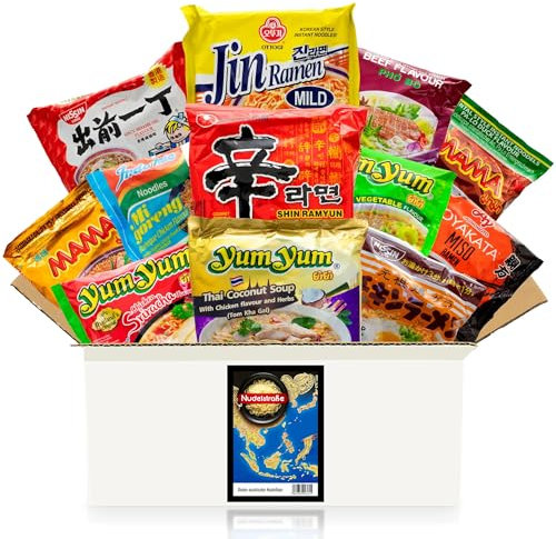 Nudelstraße Box mit asiatischen Instant-Nudeln - 12 Ramen und Nudelsuppen aus Japan, Korea, Thailand und Vietnam, zufällige Mischung aus vielseitigen Geschmacksrichtungen und Sorten - Asia Food Box